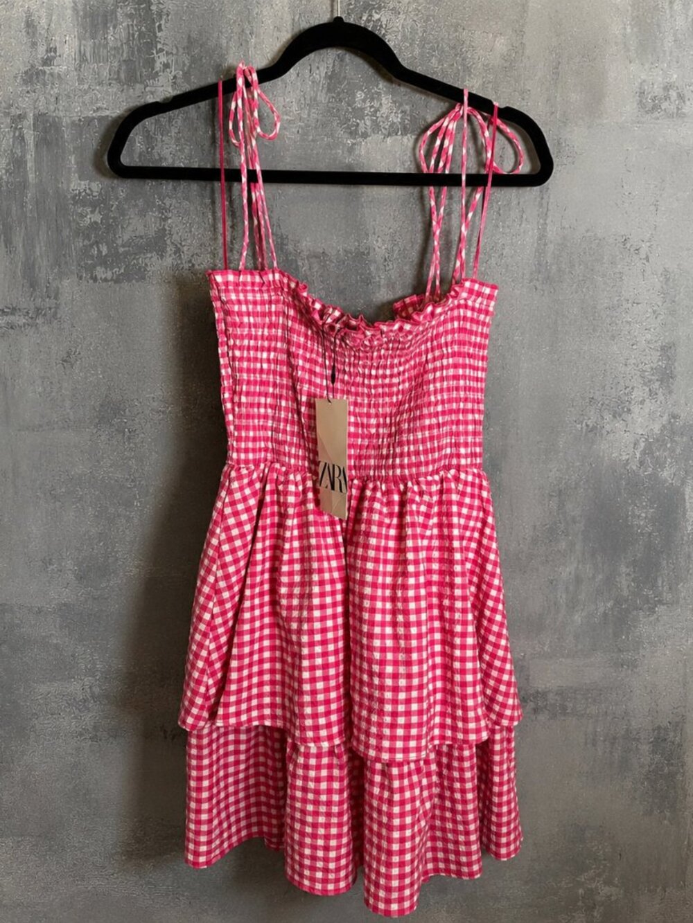 Zara Hot Pink Gingham Tiered Mini Dress – Size Small – NWT